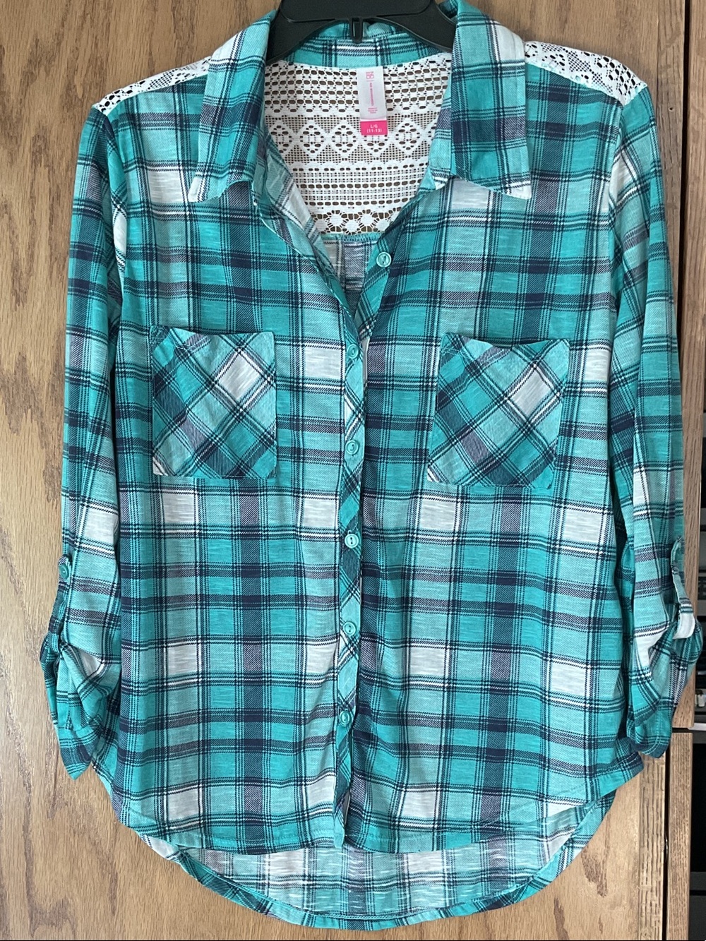 No Boundaries Teal Plaid Button-Down Shirt with Lace Yoke